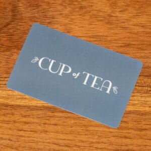 cup of tea gift card on table