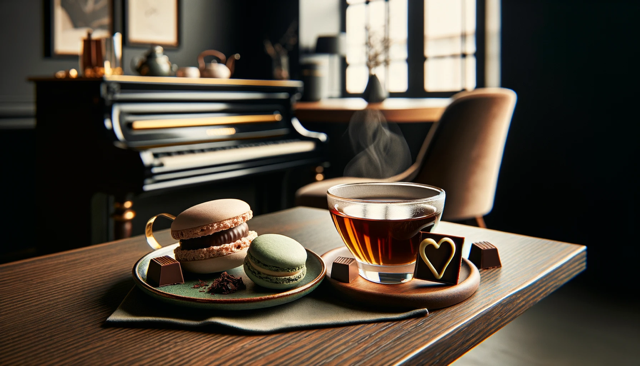 DALL·E 2024 01 29 11.58.20 A contemporary and chic tavern style tea shop scene focusing on a small plate with one macaroon one chocolate square and one chocolate heart along 1