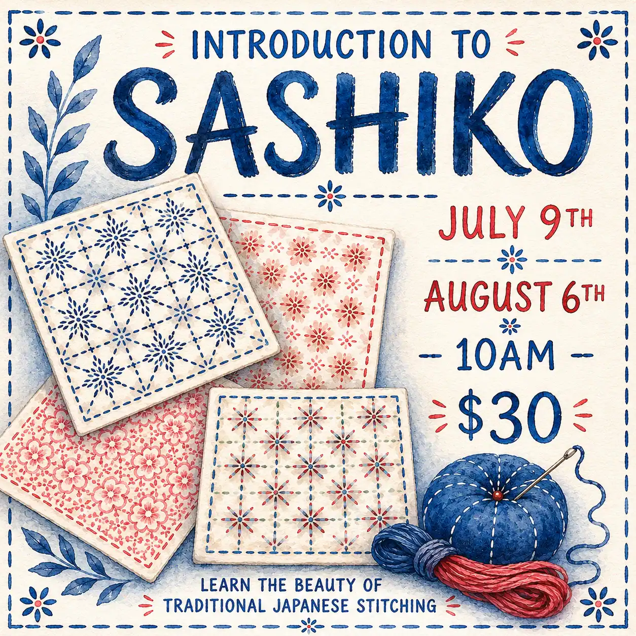 Sashiko stitching workshop poster with fabric samples and sewing supplies.