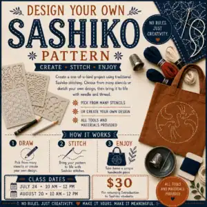 Sashiko embroidery kit with stencils, threads, and tools for DIY design.