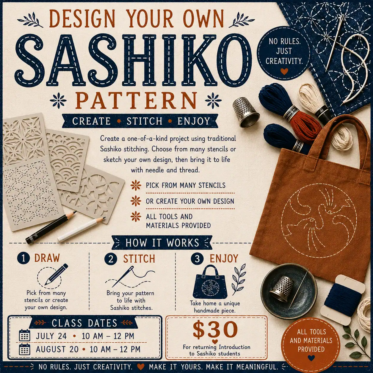Sashiko embroidery kit with stencils, threads, and tools for DIY design.