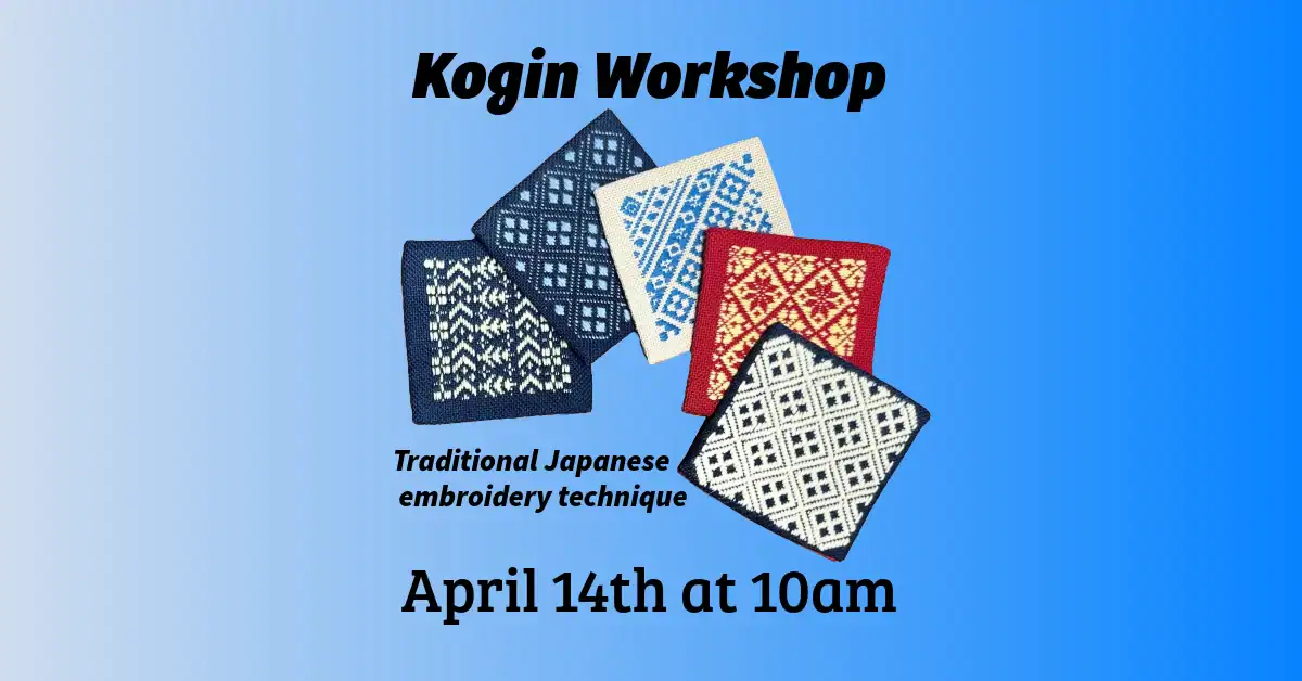 Kogin Workshop poster with embroidered fabric samples and date details.