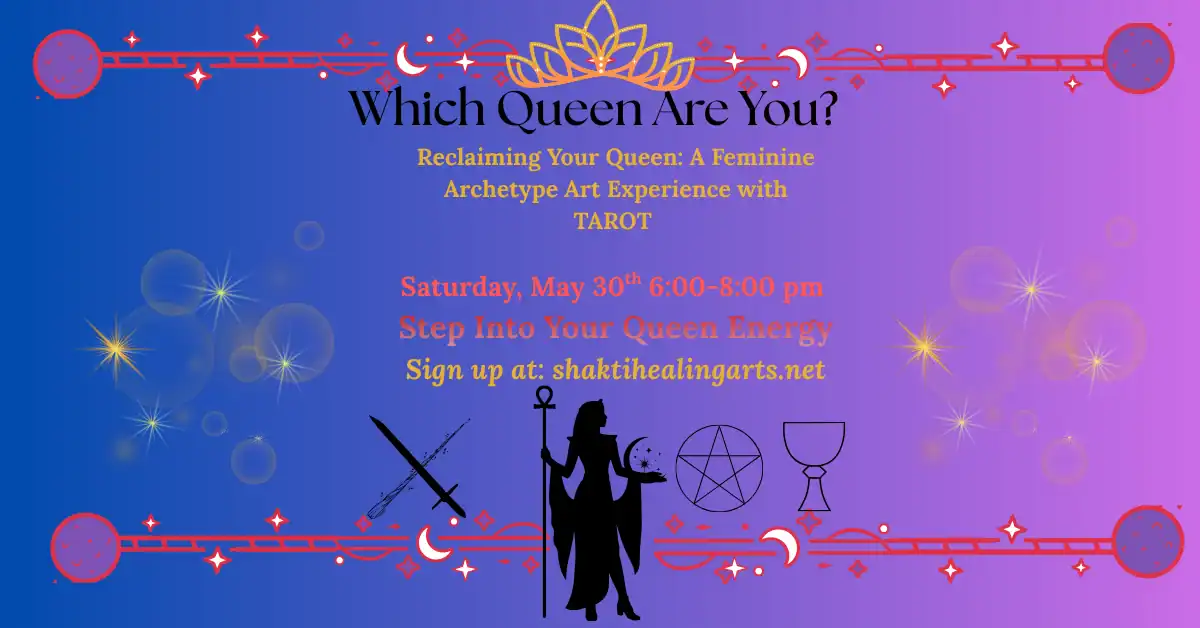Feminine archetype tarot night event poster with mystical symbols and goddess silhouette.