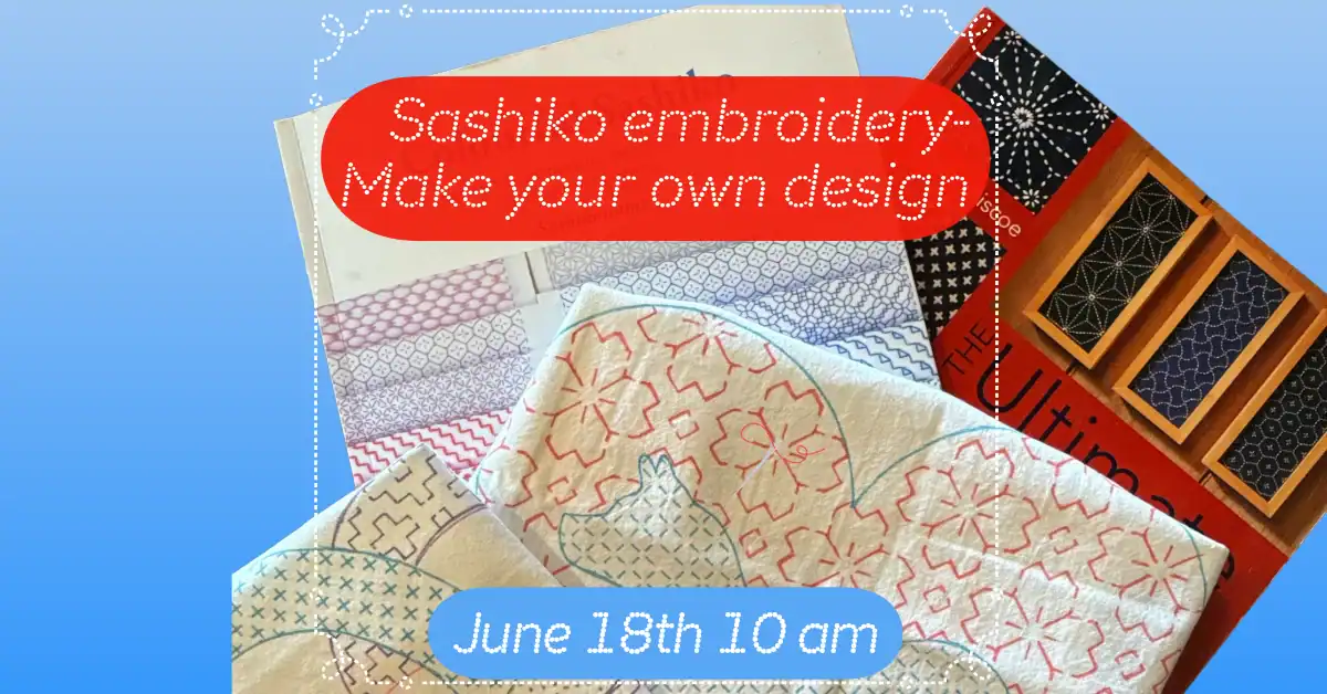 Sashiko embroidery fabric samples and tools for making your own design.