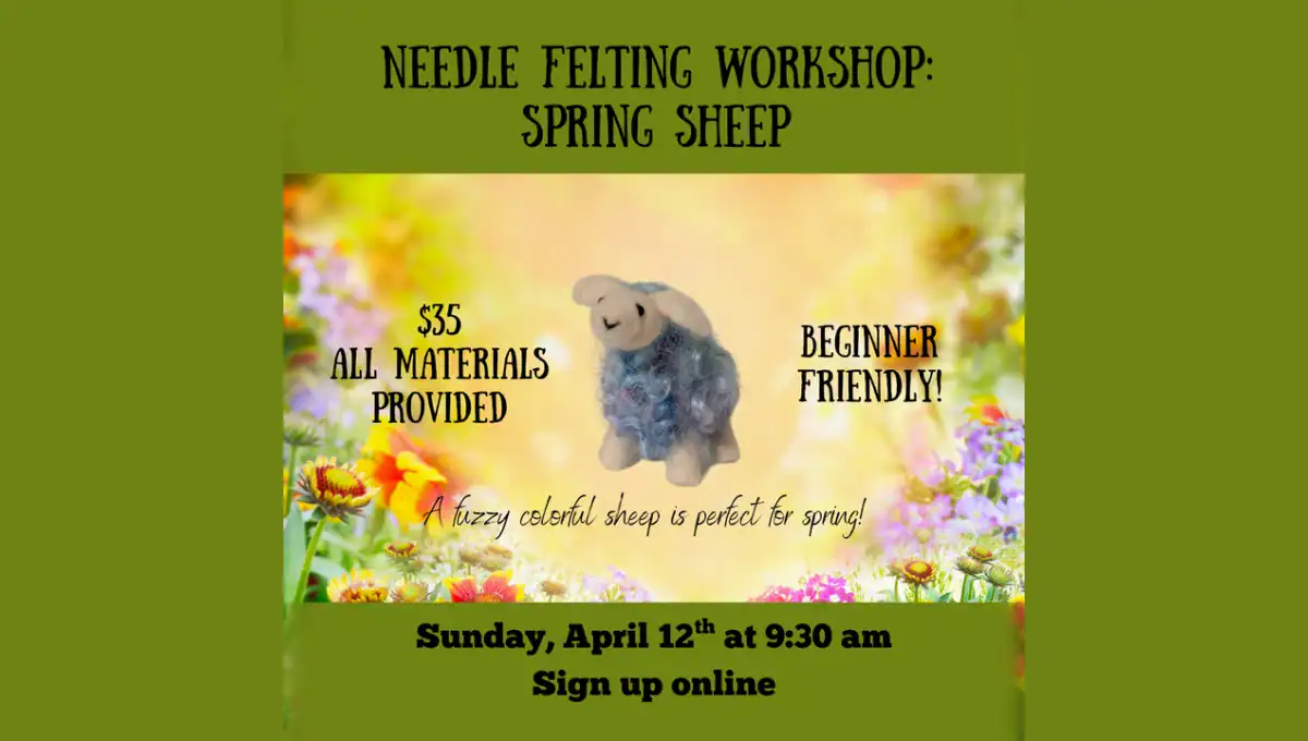 Needle felting workshop poster with spring sheep and colorful background.