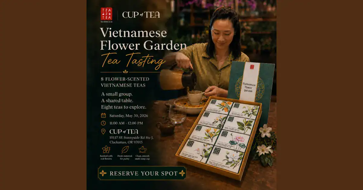 Woman tasting Vietnamese flower-scented teas at tea house in Clackamas, OR.
